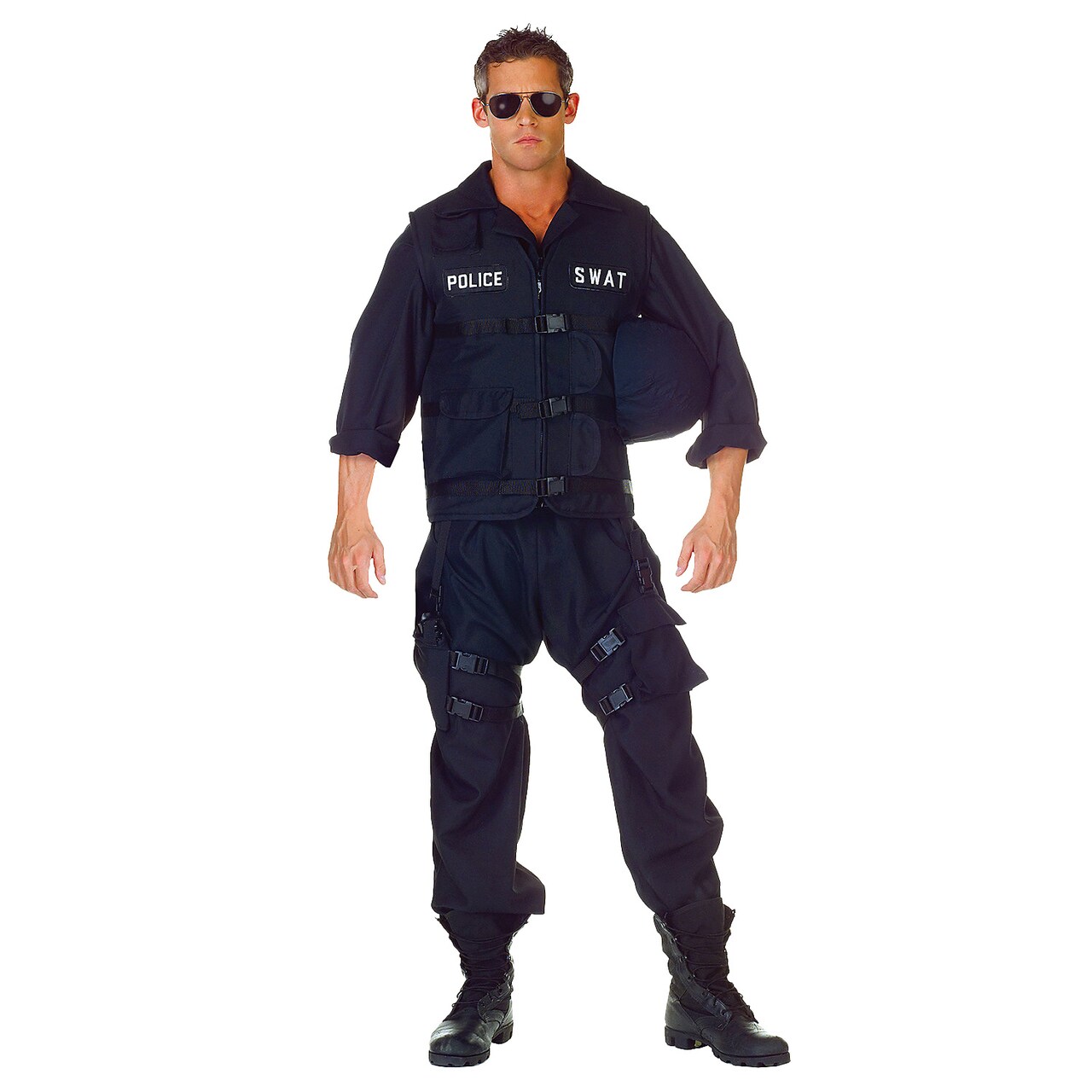 Men's SWAT Team Costume with Jumpsuit Vest Holster and Helmet for Halloween